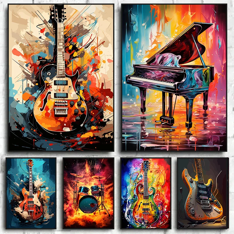 Musical Instrument Painting - Abstrakte Farbenfrohe Kunst Musikinstrumente Schlagzeug Gitarre