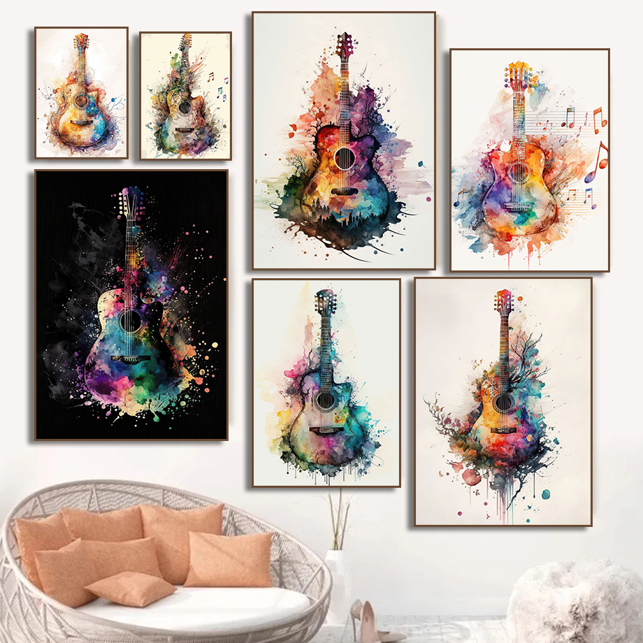 Picture Of Musical Instrument - Musikinstrument Gitarre Aquarell Kunst Poster Leinwand