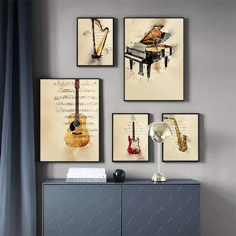 Picture Of Musical Instrument - Musikinstrument Klavier Gitarre Vintage-Stil Druck Leinwand